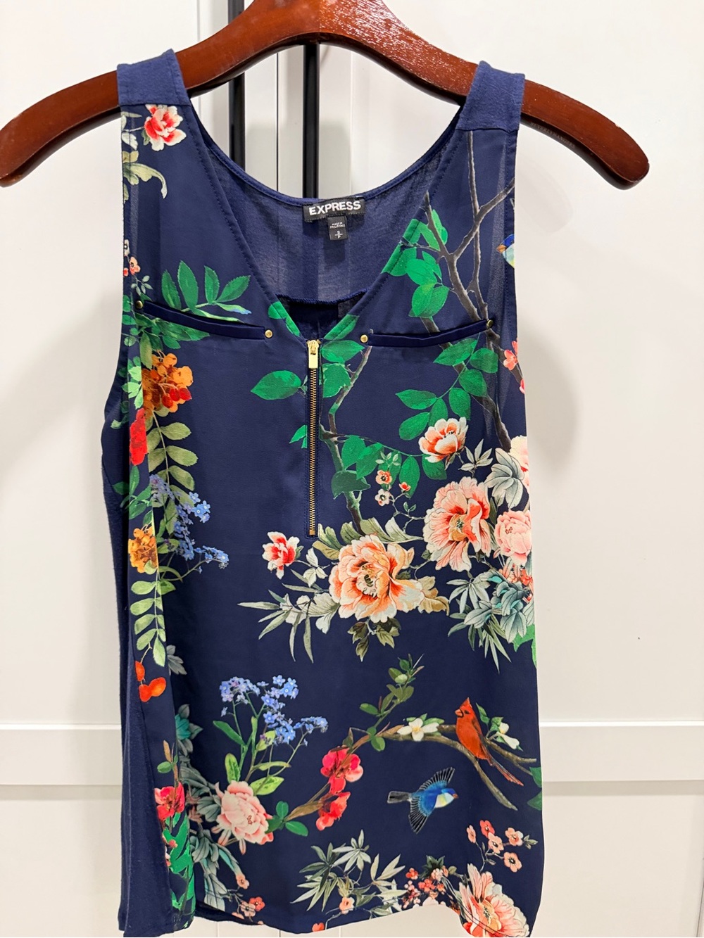 Express Small Navy Floral Bird Zip Front Tank Blouse